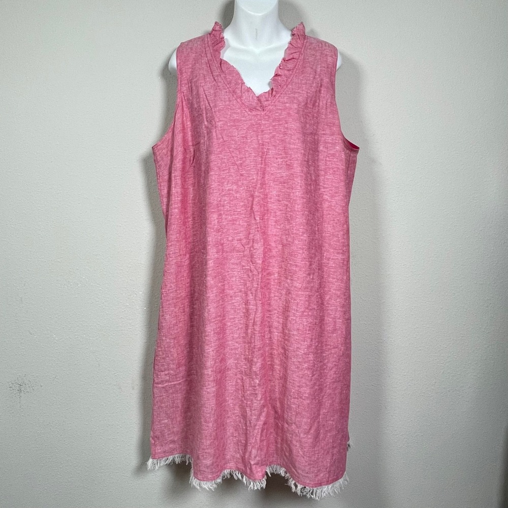 Susan Graver Pure Dress Women XL Pink Linen Blend Ruffle Coastal Fringe Hem Boho
